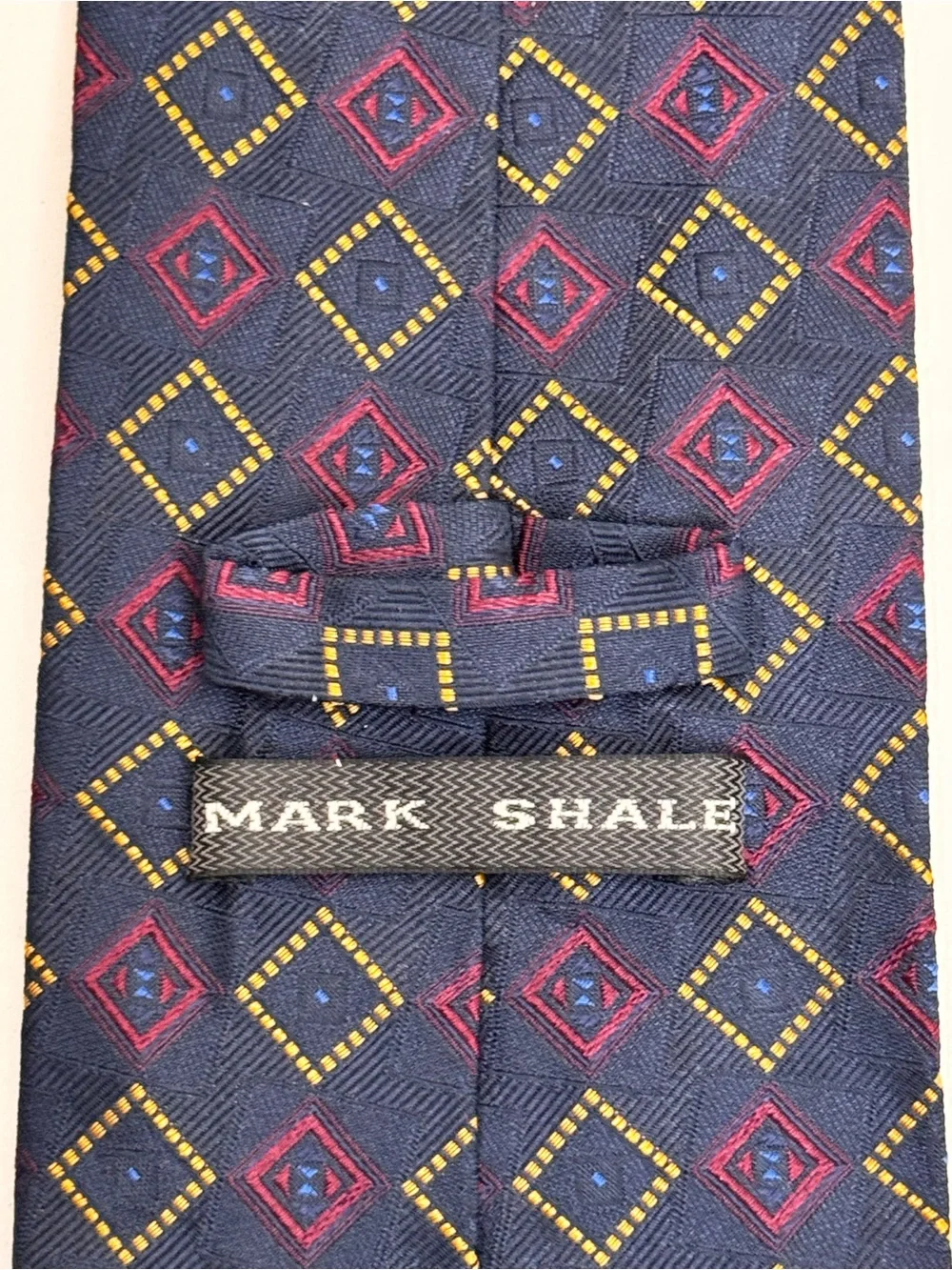 Mark Shale Men’s Necktie Navy Geometric Silk Tie Red & Gold Accents Jacquard